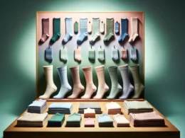 A-display-emphasizing-eco-friendly-socks-in-soft-gentle-colors-with-a-contrasting-background-to-make-the-socks-stand-out.-The-socks-made-from-susta.