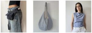 une banane noire, un sac gris et un top bleu ciel