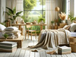 An-image-depicting-a-variety-of-eco-friendly-home-linens-arranged-in-an-aesthetically-pleasing-way.-The-scene-includes-organic-cotton-bed-sheets-in-so