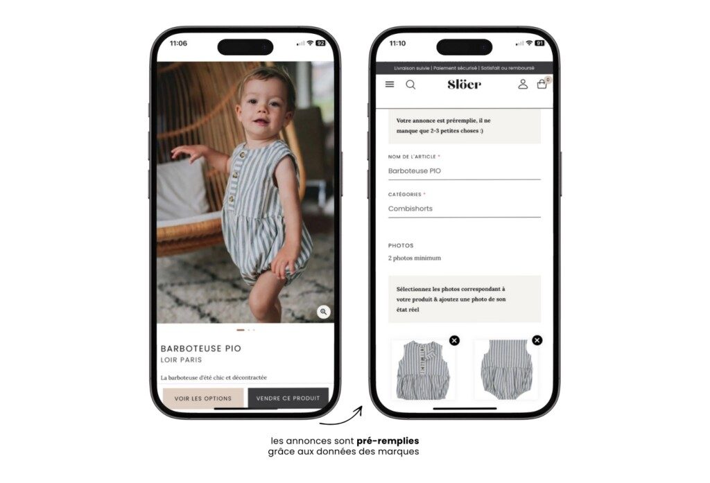 Deux smartphones montrent l'interface Slöer après le scan d'un QR code sur un vêtement pour enfant Loir.