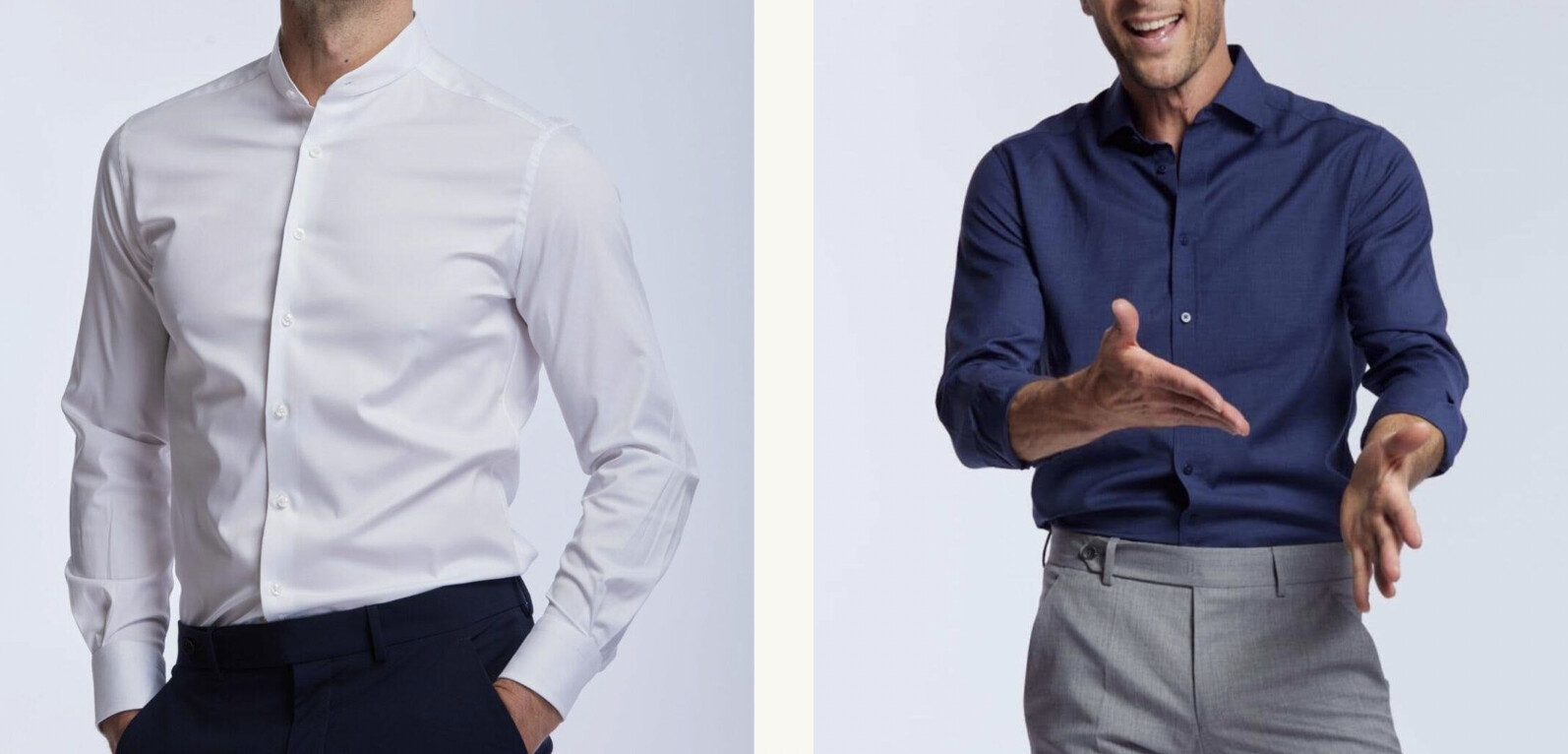 Zoom sur deux mannequins qui portent une chemise blanche et une chemise bleu marine.